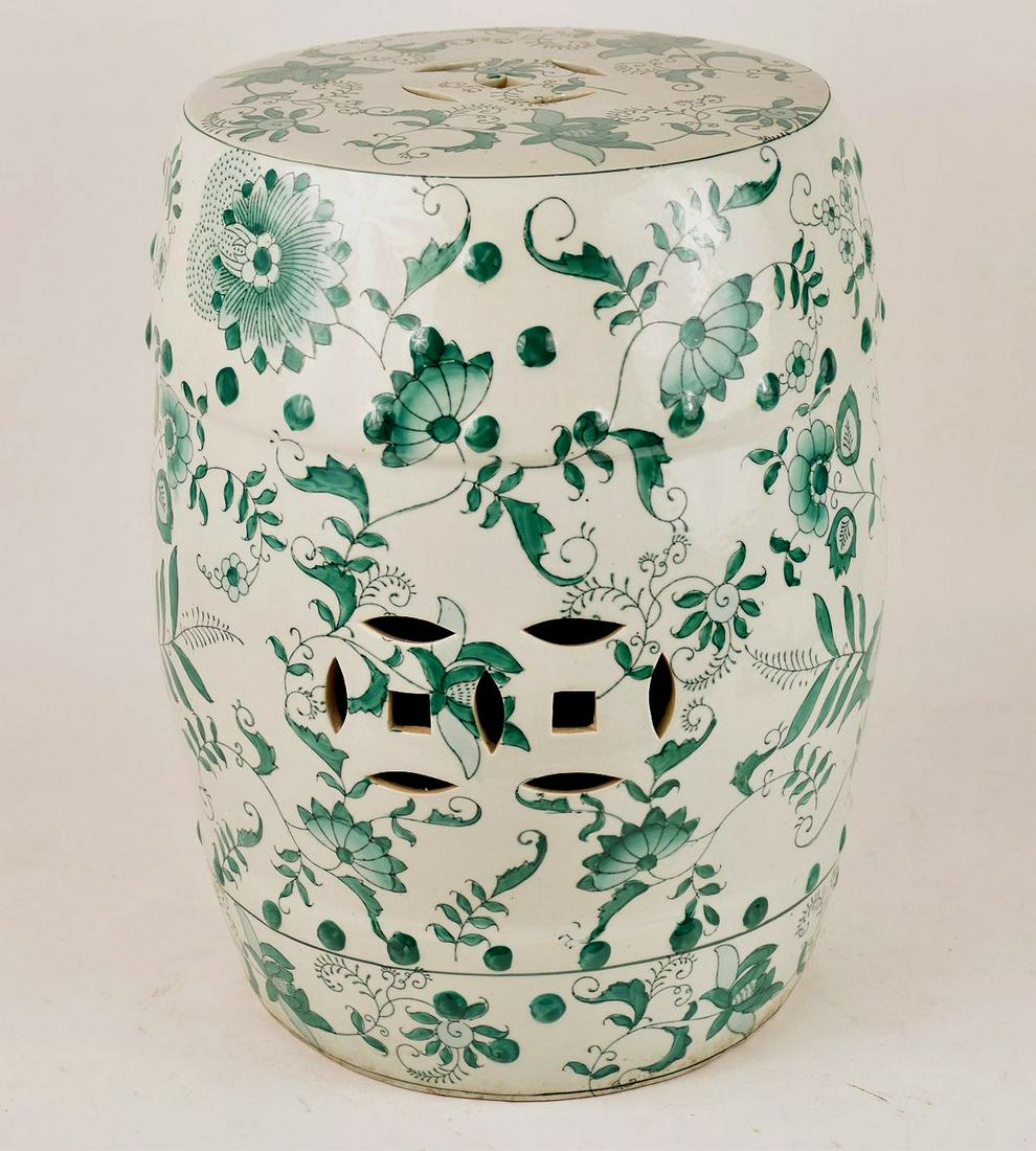 Ceramic Garden Seat, Green Floral Accents with White Background, 18"h x 11 3/4"dia (1 of 5)