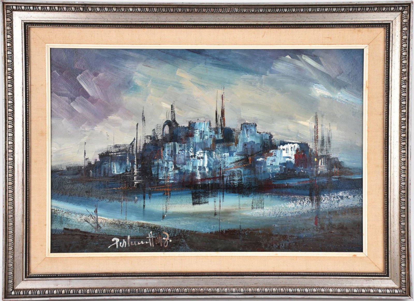 Zoltan Perlmutter (Hungarian/ American (1922-2003). Abstract oil on board titled "City at Night". (1 of 5)