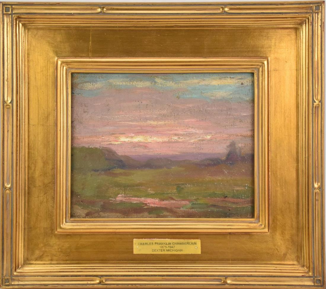 Charles Franklin Chamberlain (Michigan 1871 - 1947) oil on canvas board, Tonalist Sunset Landscape, (1 of 7)