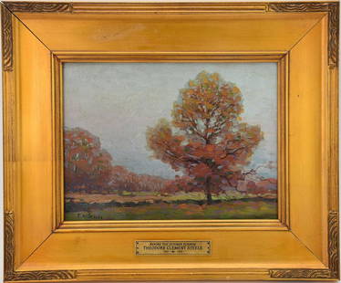 Impressionist Landscape, Attributed to: Theodore Clement Steele (1847 - 1926) bears signature lower: Impressionist Landscape, Attributed to: Theodore Clement Steele (1847 - 1926) bears signature lower right. oil on board - 10 x 13 inches, overall framed size 16-1/2 x 20