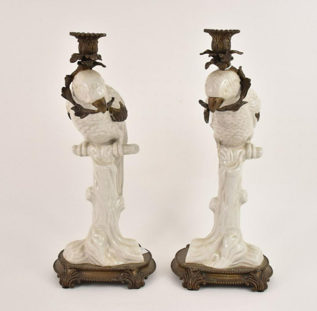 Pair of Porcelain & Bronze Parrot Form Candlesticks - A pair of figural white glazed porcelain with (1 of 6)
