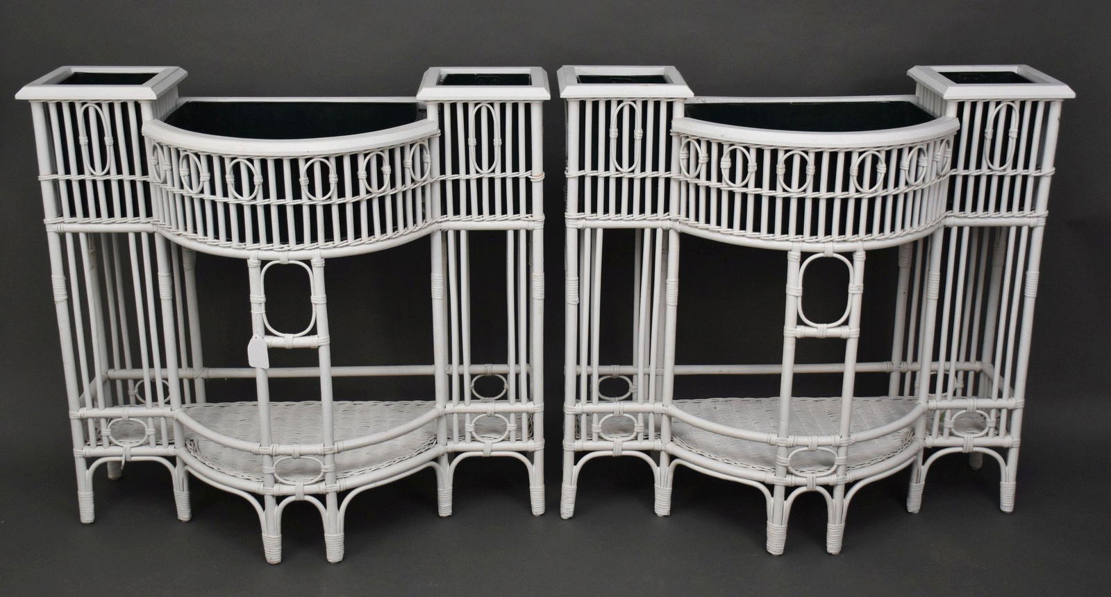 Pair Victorian Rattan/Wicker Planters with Tin Liners, Demi Lune Center Flanked By Square Planters (1 of 5)