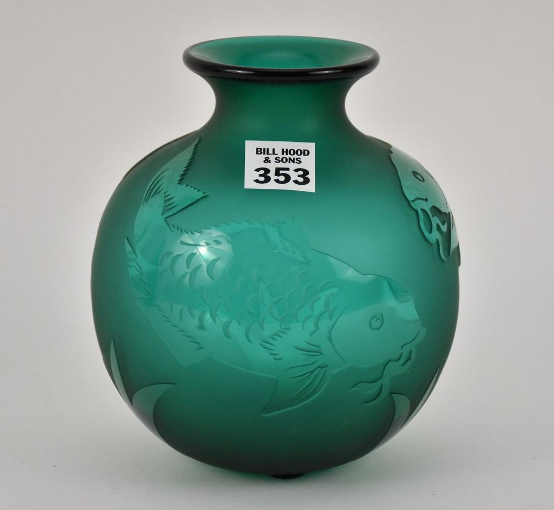 Correia Green Etched Art Glass Vase with Koi Fish Motif - 1983. A Limited Edition globular green art (1 of 6)