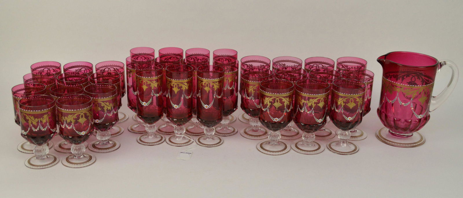 33 PCS Venetian Ruby Glass Stemware Set Gilded & Enameled - 11 highball glasses, 10 goblets, 11 (1 of 4)