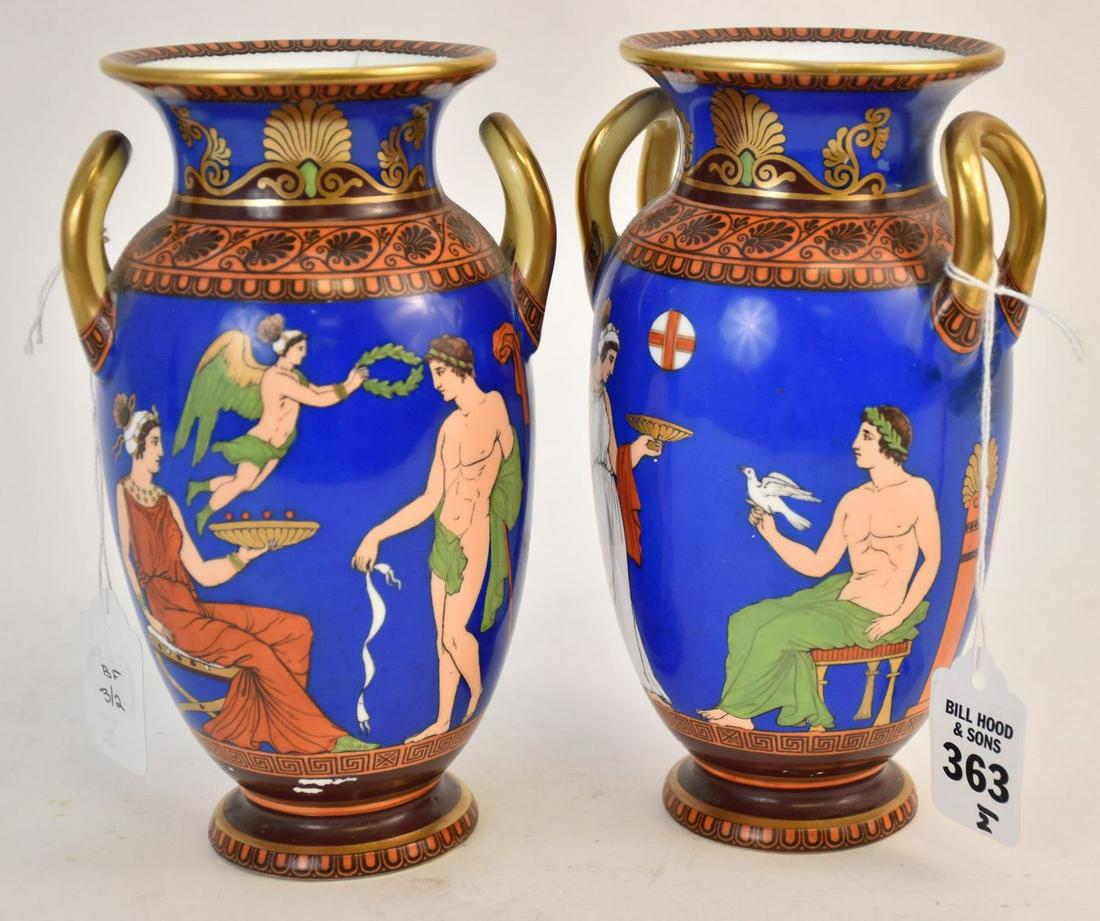 Pair of Porcelain Classical Urn Vases by SAMUEL ALCOCK - Depicting figures and deities against blue (1 of 3)