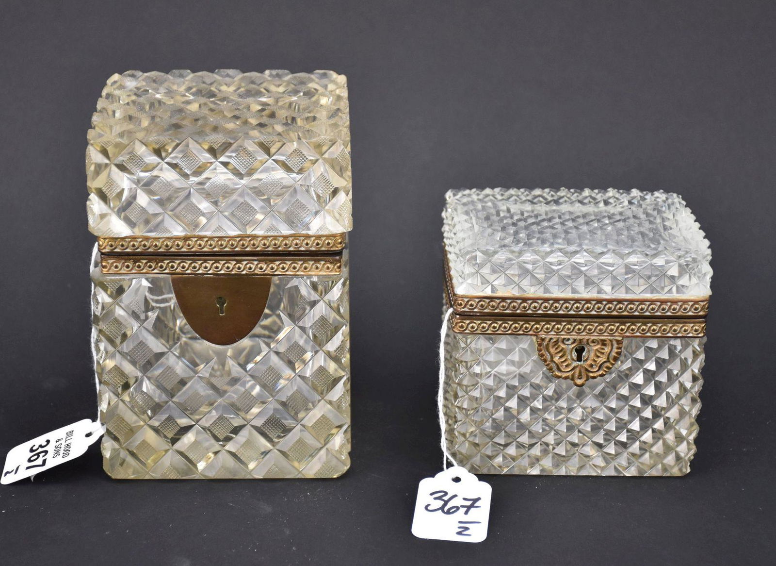 Two Vintage Glass & Brass Dresser Boxes - Larger - 5 1/2" h x 3 3/4" x 3 3/4"; smaller - 3 3/4" h x (1 of 4)