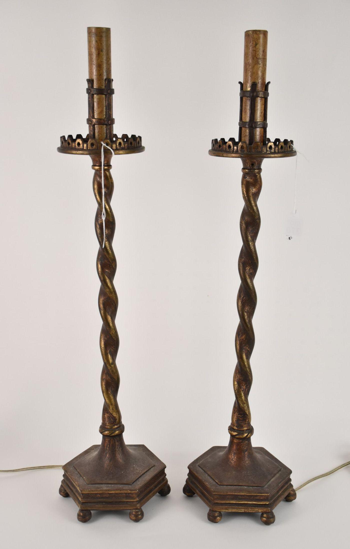 Pair Patinated Bronze Gothic-Style Candlestick Lamps - Gothic-style bronze lamps with a twisting (1 of 5)