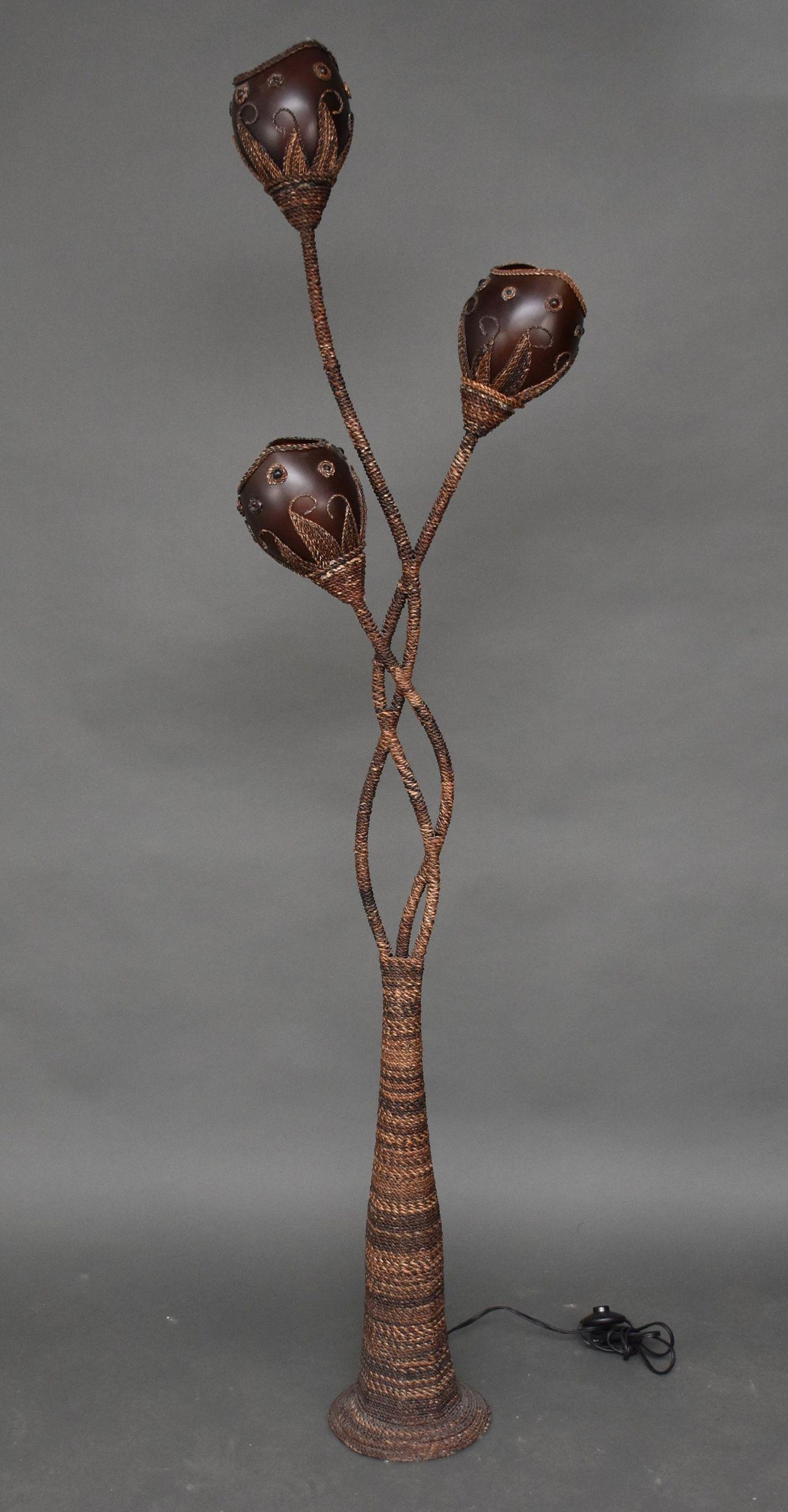 Vintage Abaca plant shape sculptural floor lamp. Made of natural earth tone braided fiber wrapped (1 of 5)