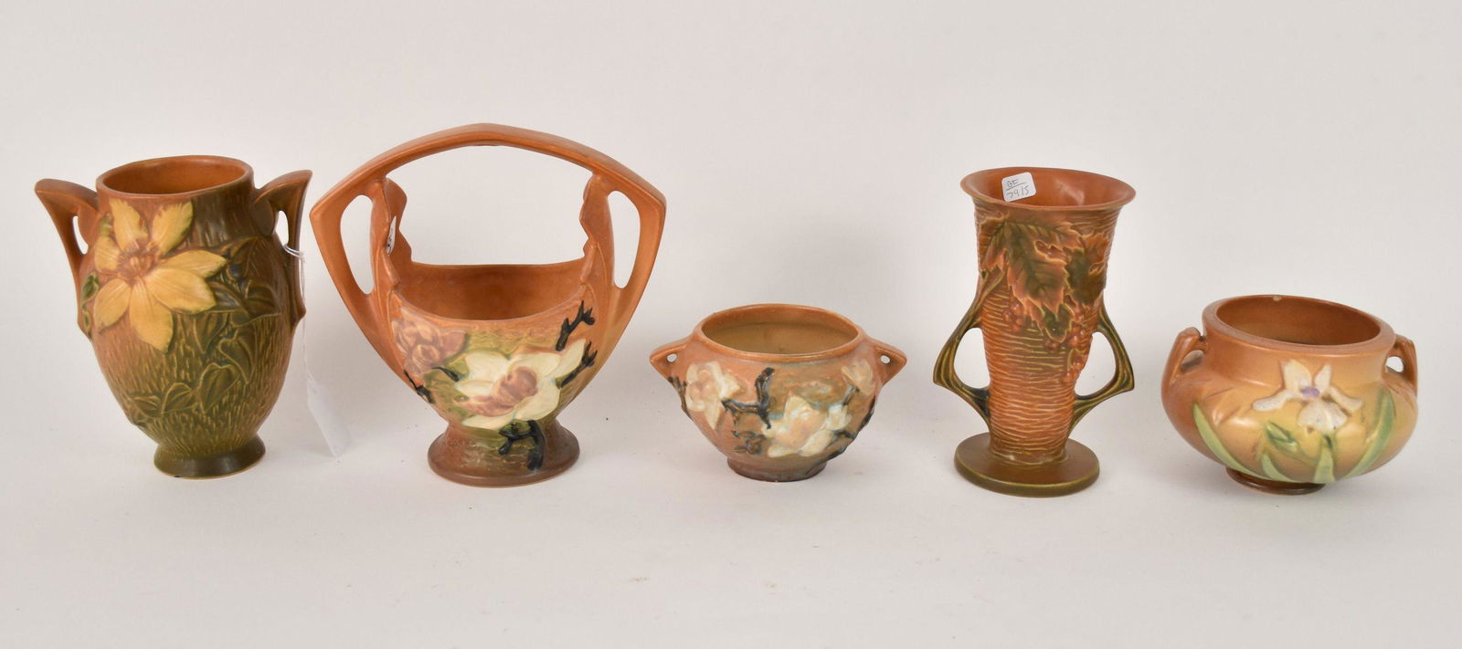Five ROSEVILLE Vases and Bowls with Various FlowersVintage. Comprising: A). #30.6, H. 6”; B). (1 of 6)