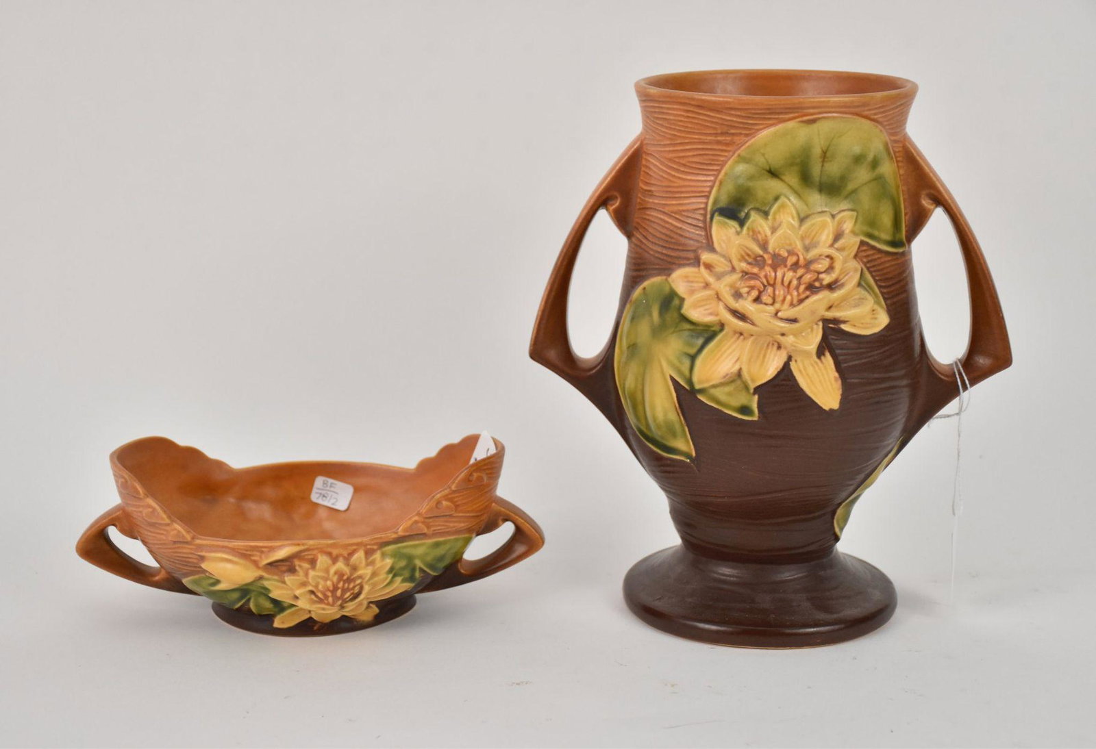 Two ROSEVILLE LOTUS BLOSSOM Pottery Items - Comprising: A). ROSEVILLE LOTUS handled bowl, #439.6, H. (1 of 6)