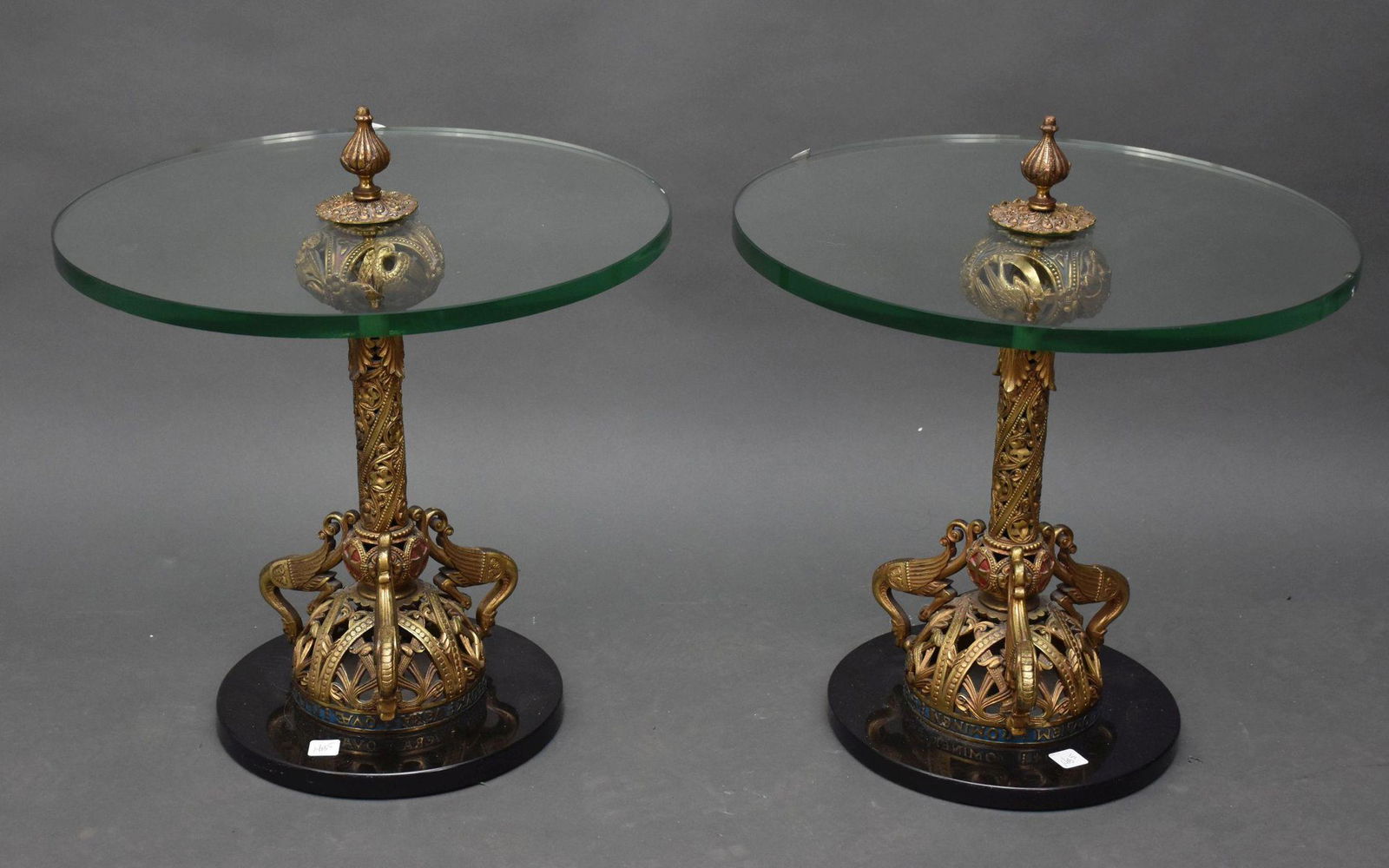 Pair of Antique Continental Altar Sticks Now Made into matching glass-topped Side Tables (1 of 5)