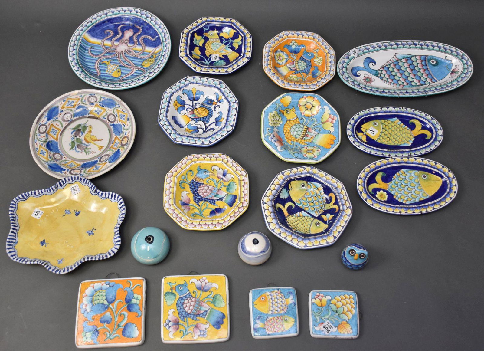 Italian Pottery Lot, incl; 6 Multi Color Italian Octagonal Decorative Plates, 3 Oval platters, 3 (1 of 8)