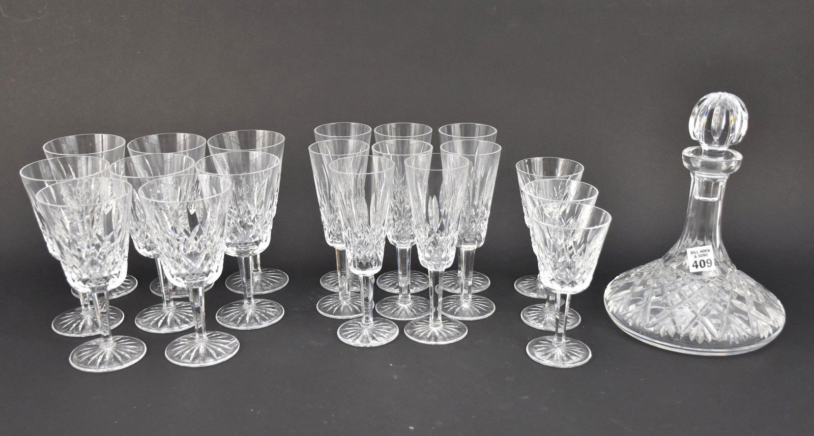 19 Waterford Crystal Glasses, Lismore Pattern, 8 Champagnes (7 1/2"h), 8 Water (7 1/2"h), 3 (6"h) (1 of 5)