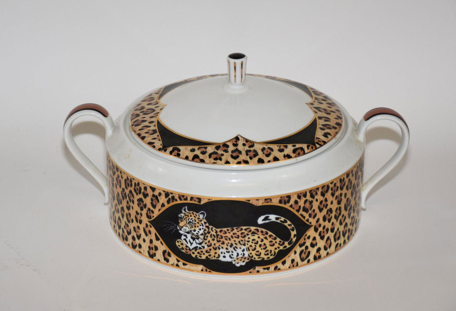 Lynn Chase Covered Round Vegetable Dish, Amazonian Jaguar, Decorated with 24kt Gold, 4"h x 11"w (1 of 3)