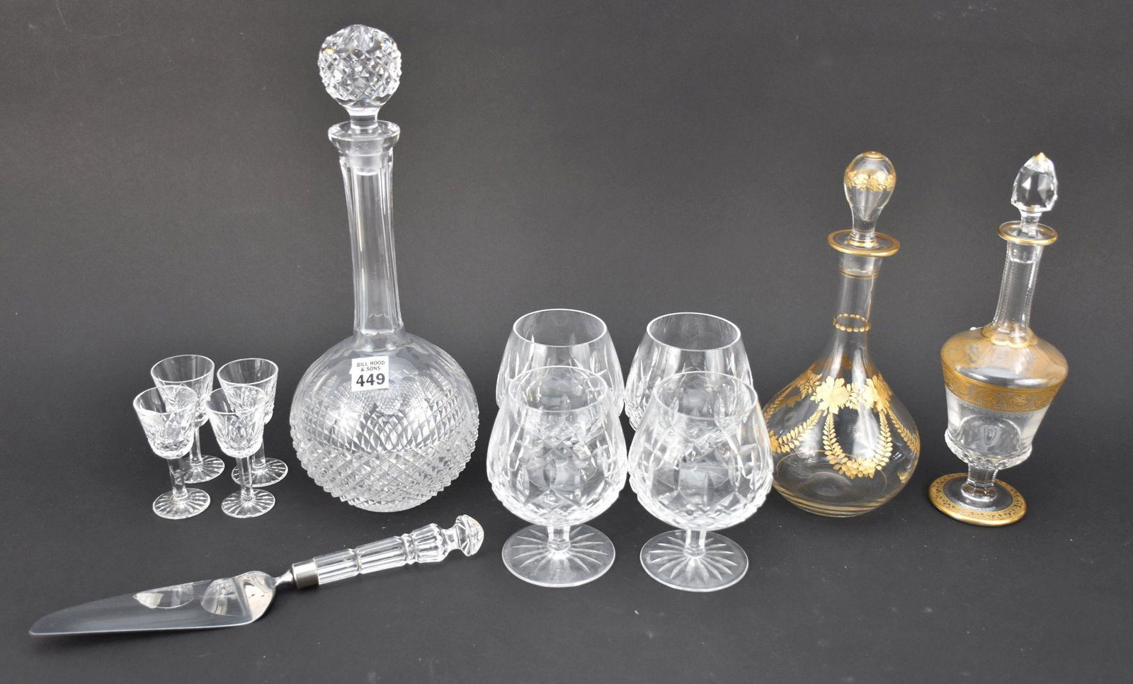 Decanter & 4 Brandy Sniffers with 4 Cordials AND 2 Decanters with Etched Gilded Designs (1 of 5)