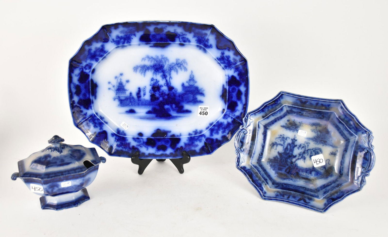 Large Flo Blue Scinde Platter (16"L) Open Footed Serving Bowl (12"w), Covered Sauce Tureen (8") (1 of 9)