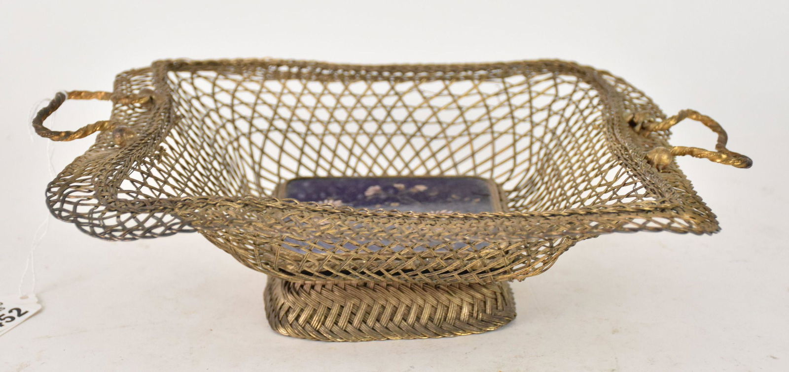 Gilded Wire Basket Centerpiece with Enamel Plaque Center, 3"h x 12 1/2"w (handle to handle) (1 of 4)