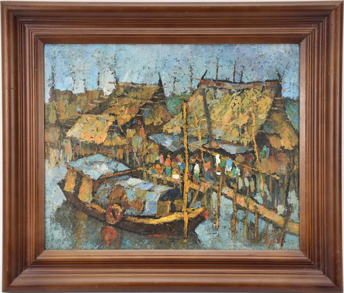 Malaysia School Market on Docks, oil on canvas signed illegibly, 14 x 17 inches, overall framed (1 of 6)