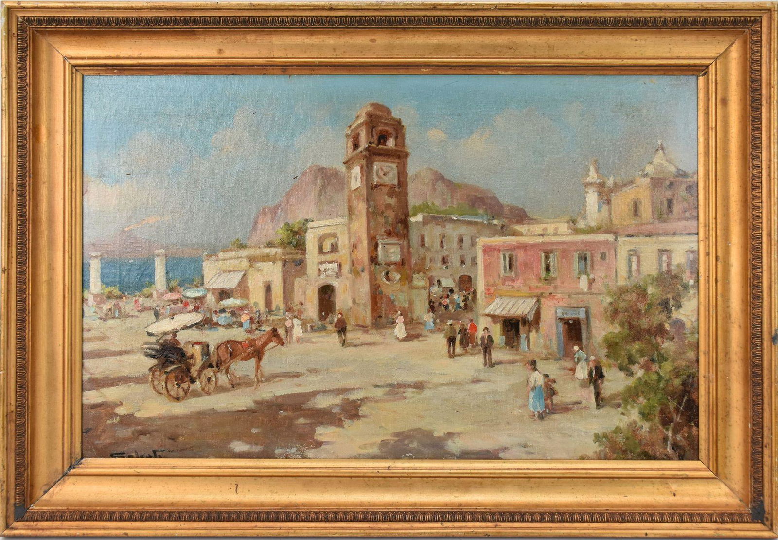 Giuseppe Salvati (1900 - 1968) oil on canvas, Plaza Umberto, Naples. Dimensions: framed - 18 1/4 x (1 of 8)