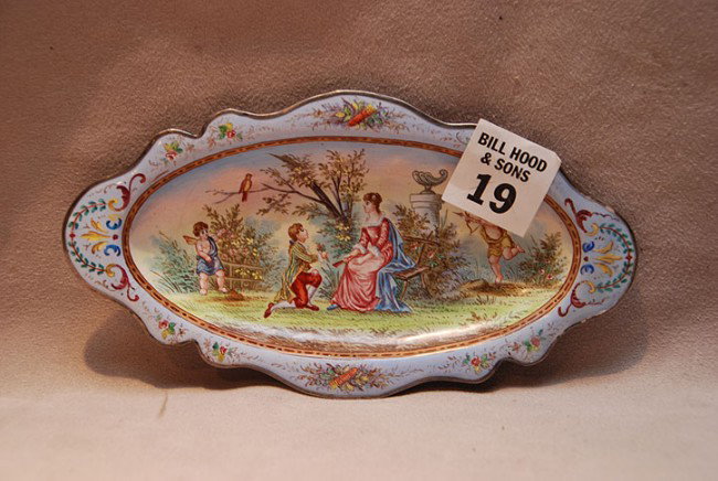 Small enamel tray, mythological putti scene on fron: Small enamel tray, mythological putti scene on front and lake scene on back, 6 1/4"L