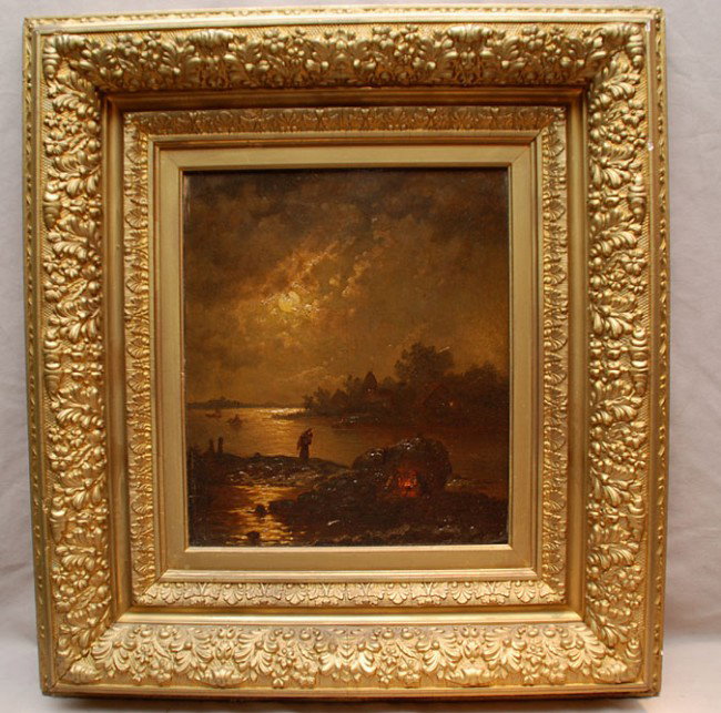 ATTRIBUTED TO: Franz Richard Unterberger Austria : ATTRIBUTED TO: Franz Richard Unterberger (Austria 1838 - 1902) oil on canvas, Partial signature lower left (see images), moonlit coast line, 14"x12" Few Extra pics added 3/11