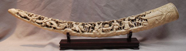 Old Chinese carved ivory tusk, 26"L: Old Chinese carved ivory tusk, 26"L