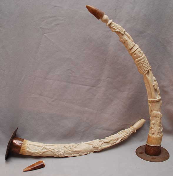 Pair African tusks, 1 has restoration, 23"h: Pair African tusks, 1 has restoration, 23"h