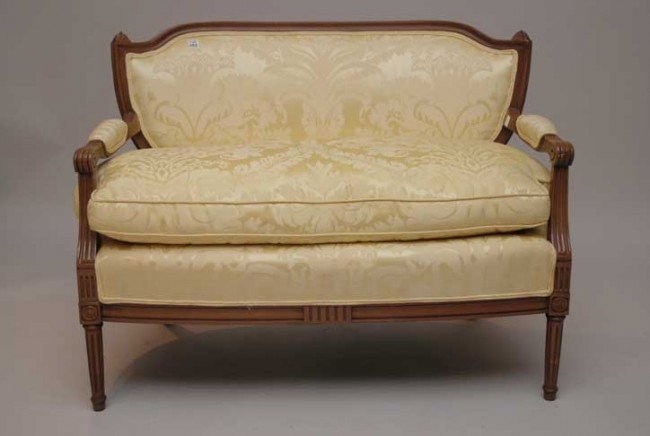Fruitwood settee with yellow upholstery: Fruitwood settee with yellow upholstery