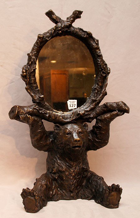 Bronze Black Forest style mirror in form of seated: Bronze Black Forest style mirror in form of seated bear
