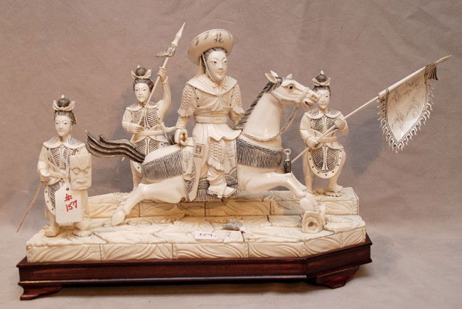 Chinese ivory Calvary warrior with 3 other figures: Chinese ivory Calvary warrior with 3 standing comrades, 9"h x 15"w x 5 1/2"d