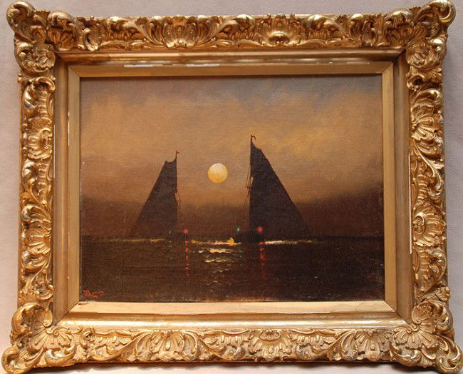Attributed to Thomas Moran oil Sailboats at Sea: Attributed to Thomas Moran (1837 - 1926) oil on canvas, Sailboats on moonlit sea, Signed Moran lower left, canvas size- 9"x12"