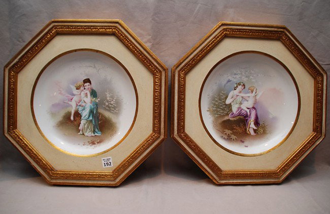 Pair Antique Framed Paintings on Porcelain. Condi: Pair Antique Framed Paintings on Porcelain. Condition: good Dia. 11" including frames 17" Dia.