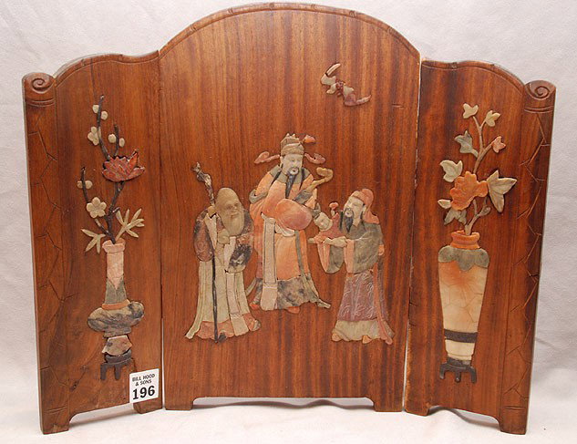 Chinese inlaid hardwood screen, minor stone loss, : Chinese inlaid hardwood screen, minor stone loss, 13"h