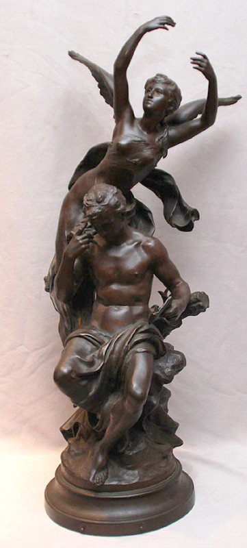 Patinated bronze sculpture "La Pensee" by Mat. Mor: Patinated bronze sculpture "La Pensee" by Mat. Moreau Salon des Beaux-Arts, French Foundry Mark "Societe des bronzes de Paris" 26"h