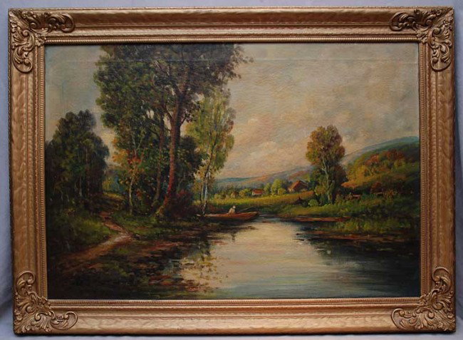19th Century Barbison School oil on canvas, Landsc: 19th Century Barbison School oil on canvas, Landscape, signed Rush (Olive?) 22"x 32"