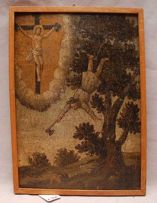 Ex Voto Central Italy 18th/19th Cent. oil Painting: Ex Voto. Central Italy 18th/19th Century oil on wood (Greer galley label on verso) "Christ on the cross saves a woodcutter fallen from a tree" 13"x9" The above is sample of an extensive collection fro
