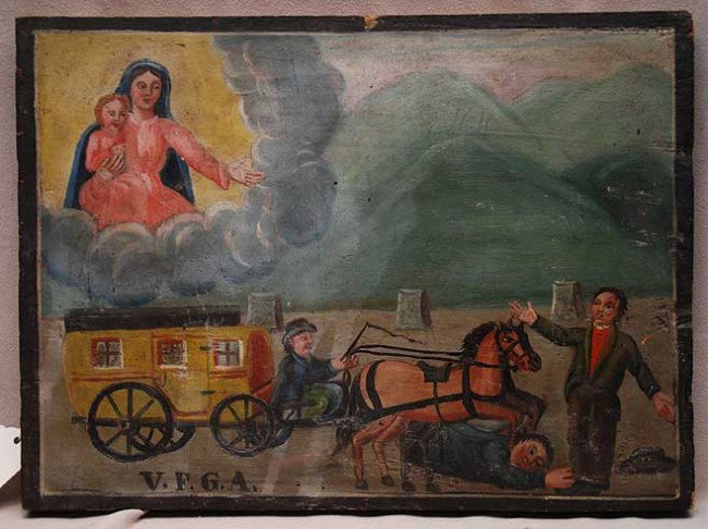 Ex Voto. Northern Italy, 18th/19th Century, oil : Ex Voto. Northern Italy, 18th/19th Century, oil on wood (Greer gallery label on verso), "The Madonna saves a man hit by a stagecoach, 12-1/2"x9-1/4" The above is sample of an extensive collection from