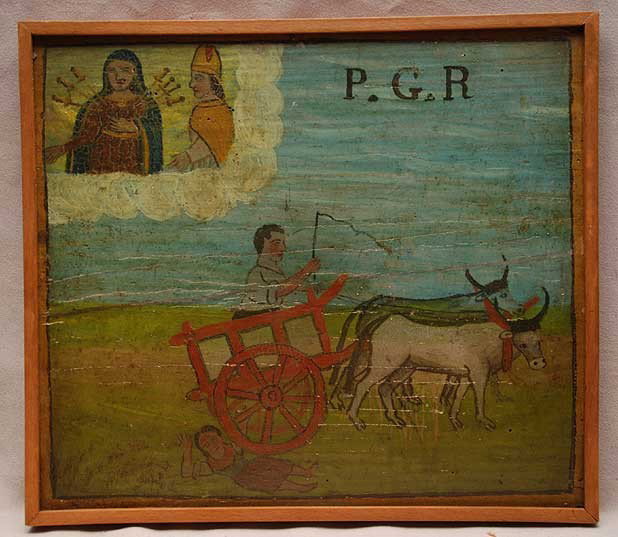 Ex Voto Central Italy, 19th Century, oil on wood: Ex Voto. Central Italy, 19th Century, oil on wood, (Greer gallery label on verso), "The Madonna and Saint Anthony save a woman fallen under an ox cart" 10-1/2"x12" The above is sample of an extensive 