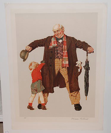 048A: Norman Rockwell Lithograph Childs Surpise signed: Norman Rockwell (American 1894 - 1978) Lithograph, "Child's Surprise", pencil signed Artist Proof, image size 22-1/4"x17"