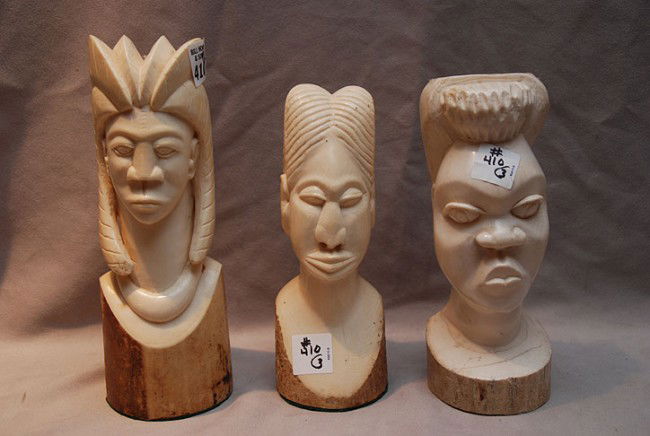 3 African carved ivory busts, tallest is 9 1/2"h,: 3 African carved ivory busts, tallest is 9 1/2"h, shortest is 9"h