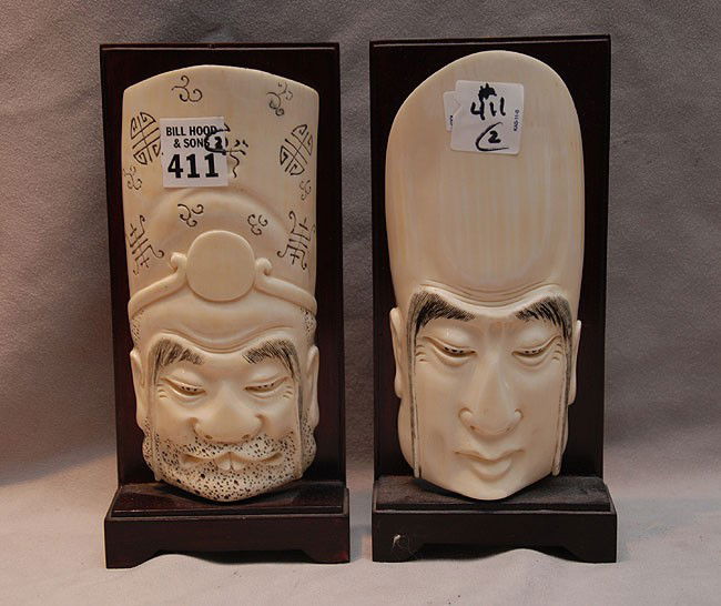 2 Japanese carved ivory heads, 6 7/8"h: 2 Japanese carved ivory heads, 6 7/8"h