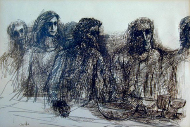 ROBERT CARIOLA (AMER B1927) ORIGINAL DRAWING An or: ROBERT CARIOLA (AMER B1927) ORIGINAL DRAWING An original pen & ink drawing by well known NYC artist Robert J. Cariola, circa 1970, showing a group of young people at table, signed lower left CARIOLA, 