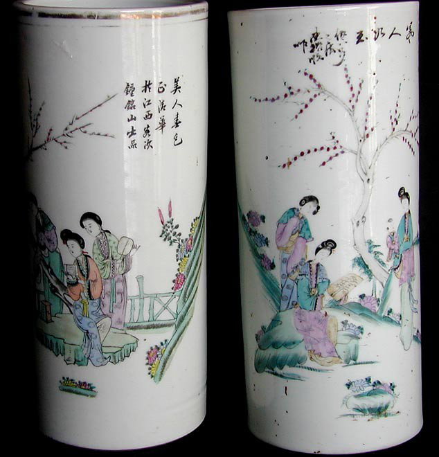 PR SIGNED W/ WAX SEAL CHINESE PORCELAIN VASES: PR SIGNED W/ WAX SEAL CHINESE PORCELAIN CYLINDER VASES, 11"H A pair of enamel decorated vases depicting scenes of royal court women with written calligraphic sayings; bottom of both vases with Jian Di