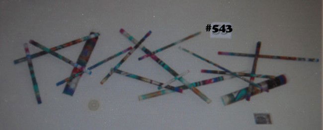 Tubular wall art, 16pc with hand painted in multi: Tubular wall art, 16pc with hand painted in multi colored purple, pink, blue, aqua, black and grey, all tubes touch in complex scattered form, Madeline Weiss artist, American, late 20th c.