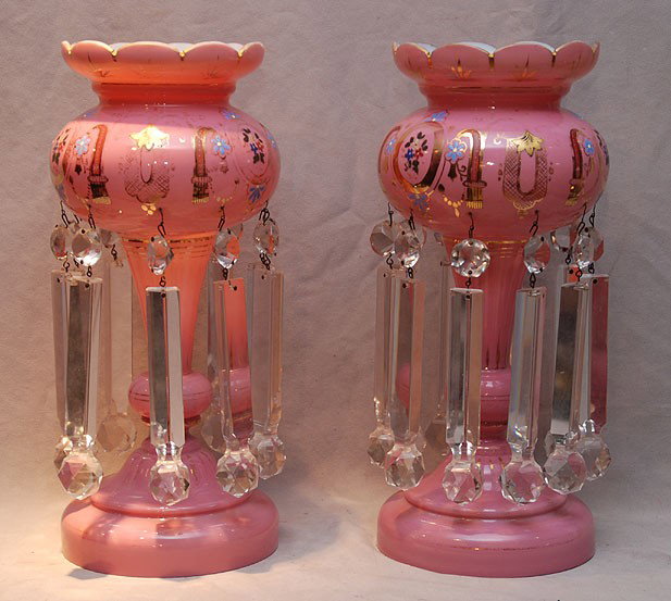 Pair of pink opaline cased lustres with enameling: Pair of pink opaline cased lustres with enameling and prisms (7 1/2"L) c. 1900