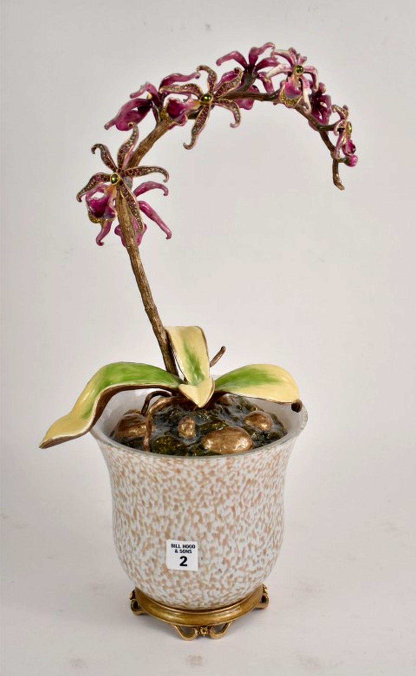 Jay Strongwater Orchid In Cache Pot. The art glass cache pot rising to an enameled, bronze and (1 of 12)