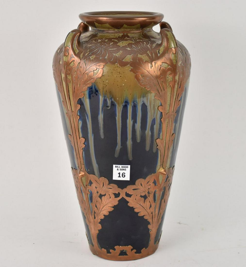 German Art Nouveau Jugendstil Porcelain Vase with Copper Overlay - a tapering form vase with four (1 of 9)
