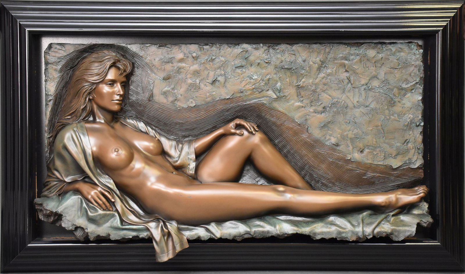 Bill Mack "Fascination" Bonded Bronze Relief Wall Sculpture - Patinated bronze finish surface on a 3: Bill Mack "Fascination" Bonded Bronze Relief Wall Sculpture - Patinated bronze finish surface on a 3 dimensional relief sculpture of a female nude. signed and dated on underside of protruding base, se