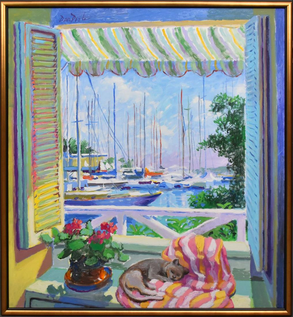 Dan Poole (Florida 20th century) oil on canvas Large Balcony Scene, Cat / Sailboats dated 1994. 54 x (1 of 6)