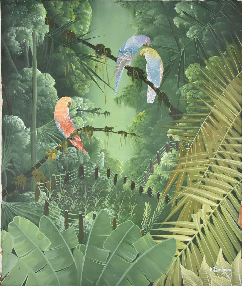 Albott Bonhomme (Haiti Born 1963) oil on canvas, Jungle Scene with birds, unframed 20 x 24 inches: Albott Bonhomme (Haiti Born 1963) oil on canvas, Jungle Scene with birds, unframed 20 x 24 inches damage to edges.